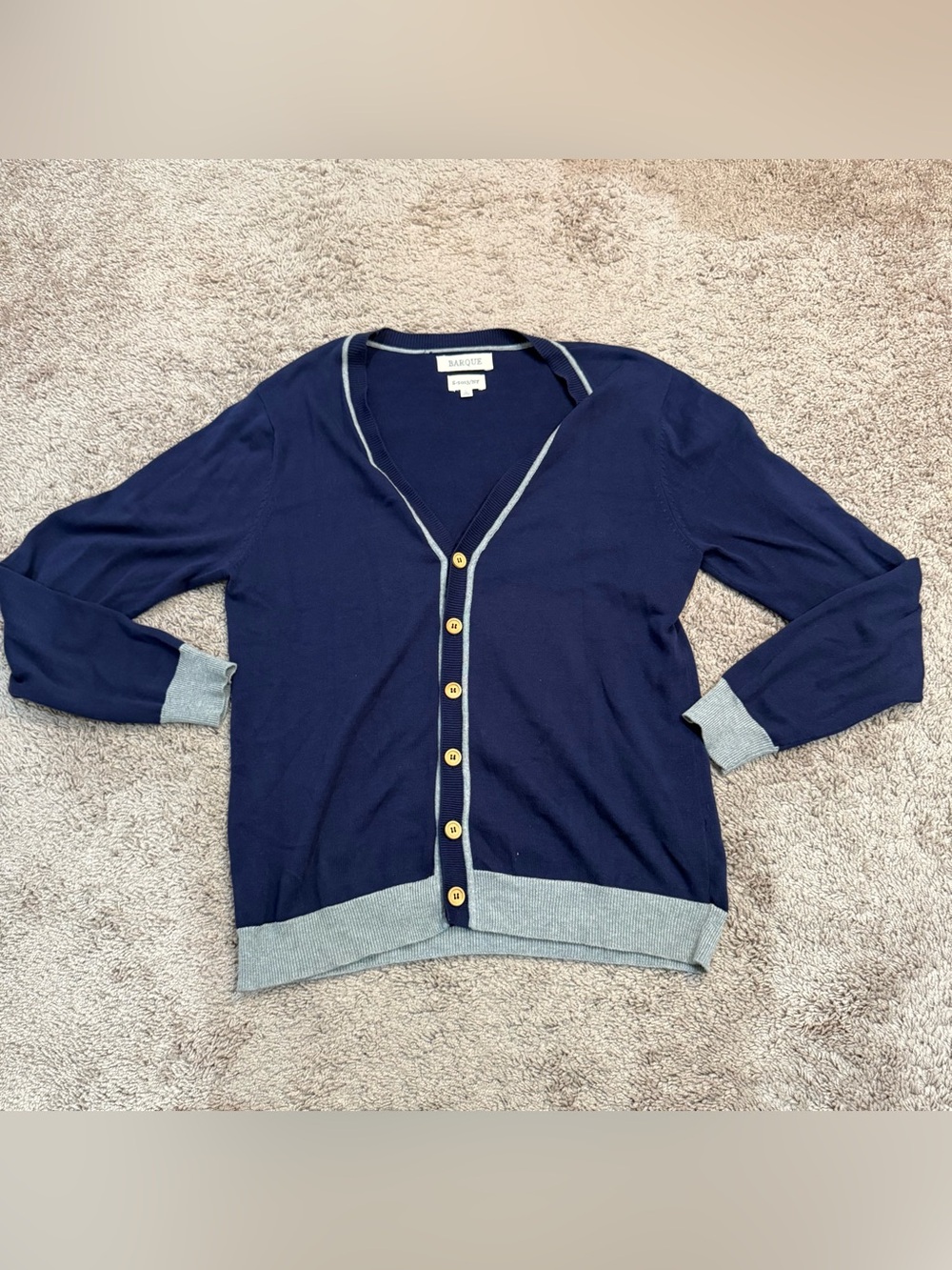 Barque Men’s Navy Cardigan Sweater NY Large V Neck Grey Trim